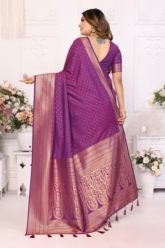 Purple Soft Silk Saree With Jari Weaving Border And Weaving Rich Pallu With Contrast  Blouse