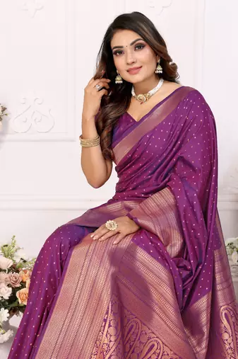 Purple Soft Silk Saree With Jari Weaving Border And Weaving Rich Pallu With Contrast  Blouse