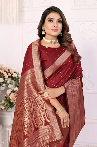 Red Soft Silk Saree With Jari Weaving Border And Weaving Rich Pallu With Contrast  Blouse