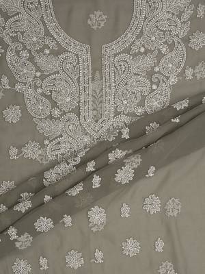 hand embroidered grey georgette lucknowi chikankari unstitched suit piece  4