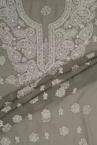hand embroidered grey georgette lucknowi chikankari unstitched suit piece 