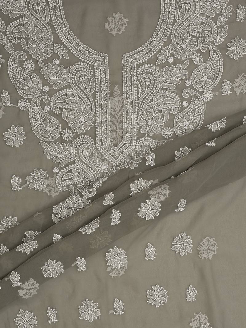 hand embroidered grey georgette lucknowi chikankari unstitched suit piece 