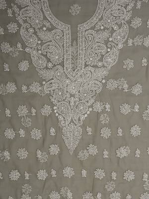 hand embroidered grey georgette lucknowi chikankari unstitched suit piece  5