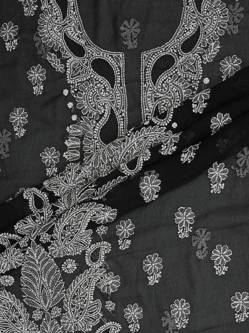 hand embroidered black georgette lucknowi chikankari unstitched suit piece 