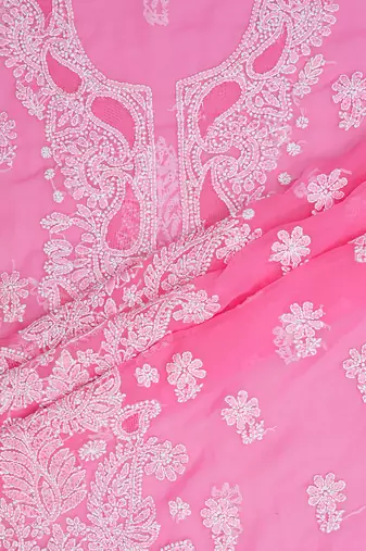  hand embroidered pink georgette lucknowi chikankari unstitched suit piece 