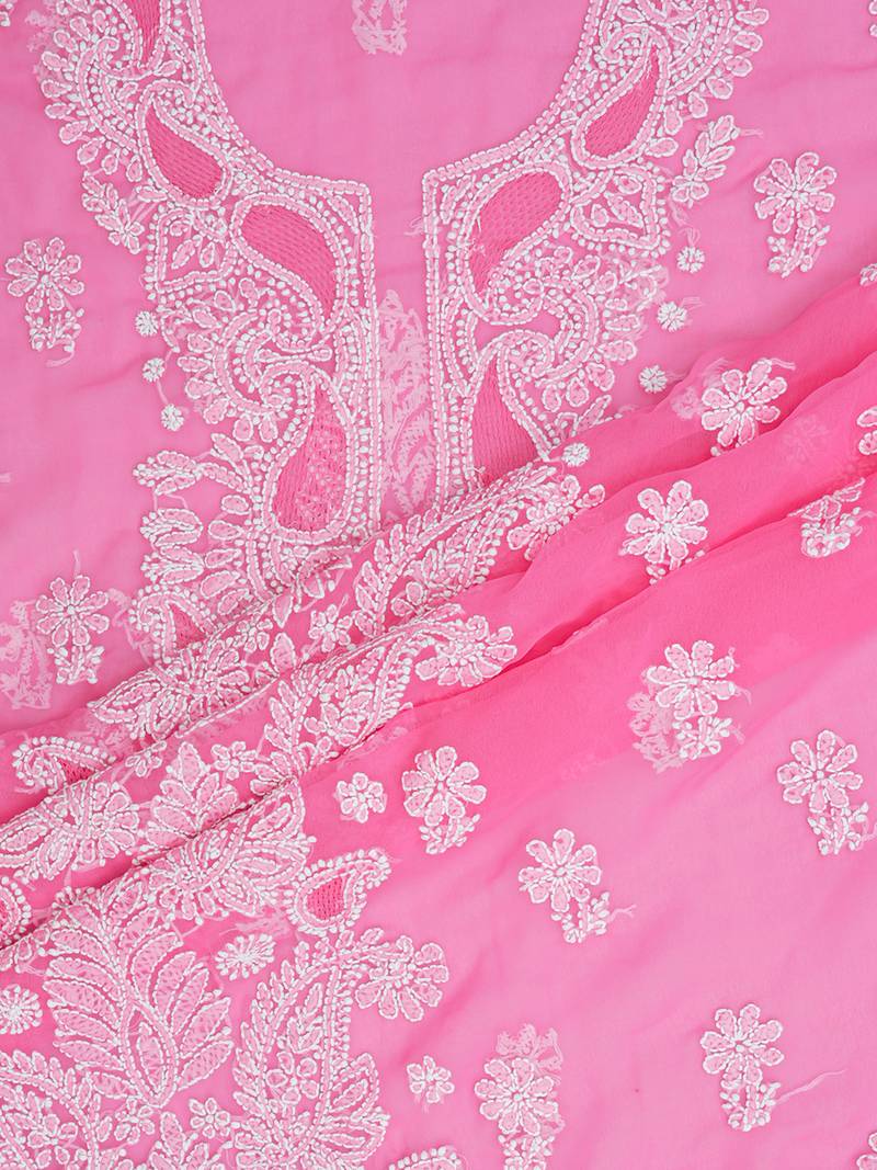  hand embroidered pink georgette lucknowi chikankari unstitched suit piece 