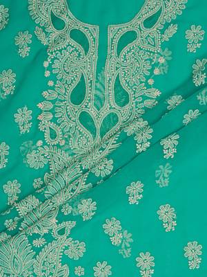 hand embroidered rama green georgette lucknowi chikankari unstitched suit piece  5