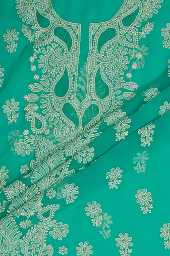 hand embroidered rama green georgette lucknowi chikankari unstitched suit piece 