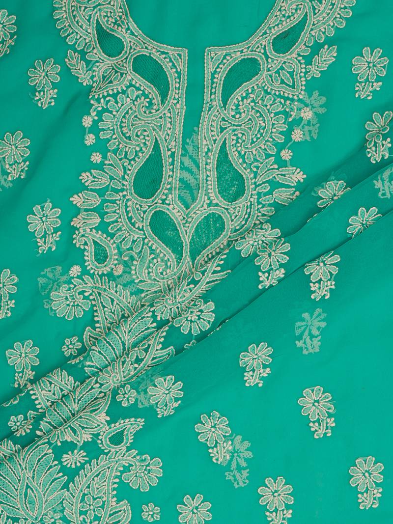 hand embroidered rama green georgette lucknowi chikankari unstitched suit piece 