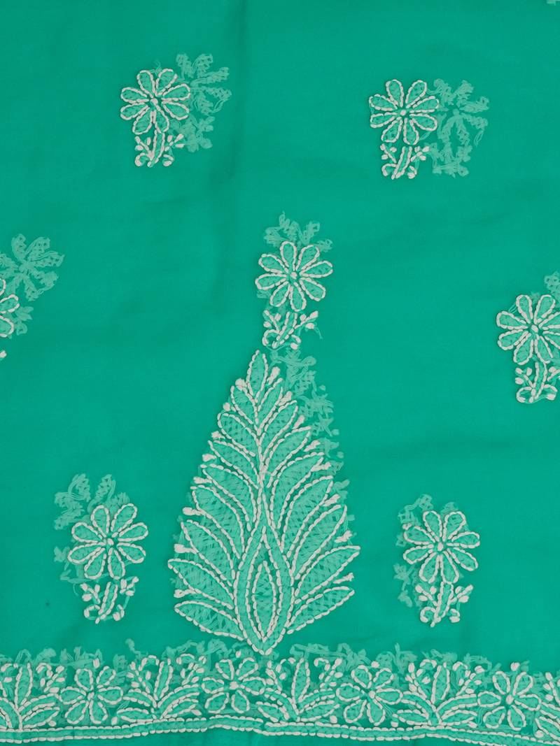 hand embroidered rama green georgette lucknowi chikankari unstitched suit piece 
