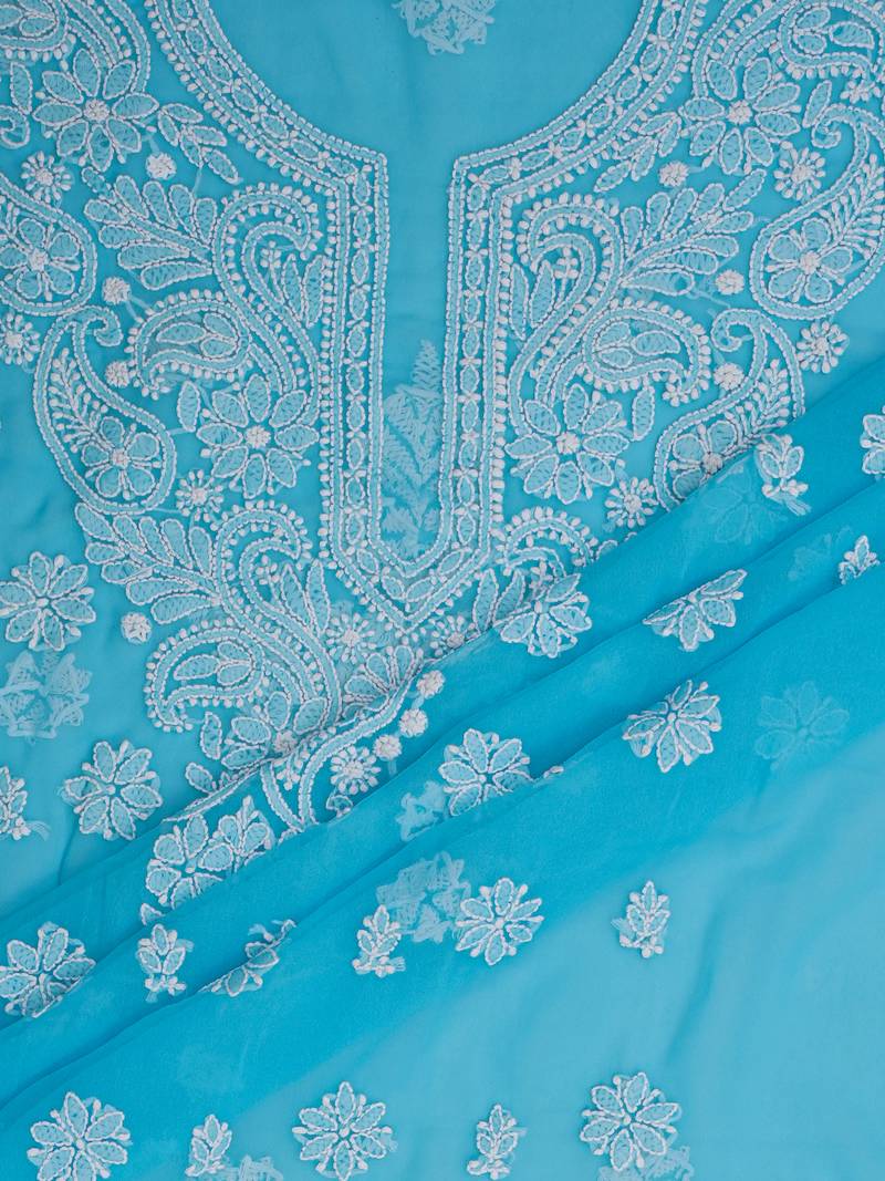 hand embroidered blue georgette lucknowi chikankari unstitched suit piece 