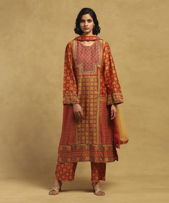 Red and Yellow Cotton Thread Embroidered Plus Size Kurti Set 1