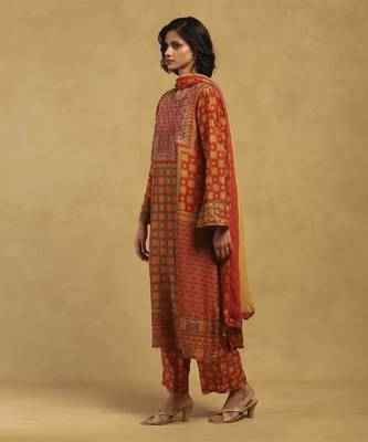 Red and Yellow Cotton Thread Embroidered Plus Size Kurti Set 2