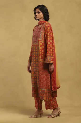 Red and Yellow Cotton Thread Embroidered Plus Size Kurti Set