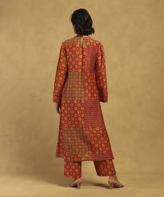 Red and Yellow Cotton Thread Embroidered Plus Size Kurti Set 3
