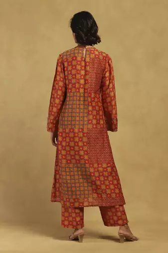 Red and Yellow Cotton Thread Embroidered Plus Size Kurti Set