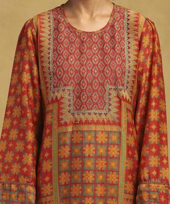 Red and Yellow Cotton Thread Embroidered Plus Size Kurti Set 4
