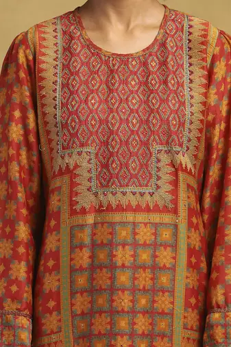Red and Yellow Cotton Thread Embroidered Plus Size Kurti Set