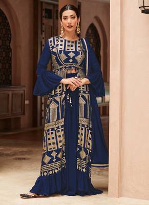 Navy blue embroidered georgette palazzo suit 1
