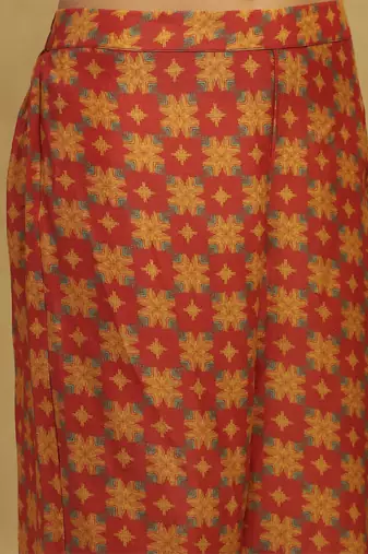 Red and Yellow Cotton Thread Embroidered Plus Size Kurti Set
