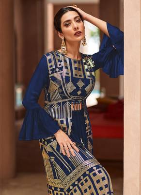 Navy blue embroidered georgette palazzo suit 2