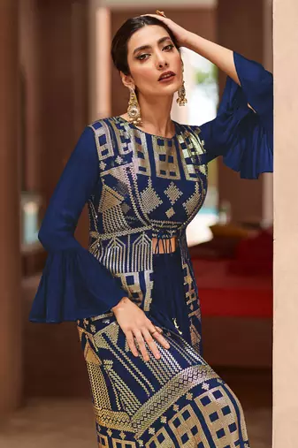 Navy blue embroidered georgette palazzo suit