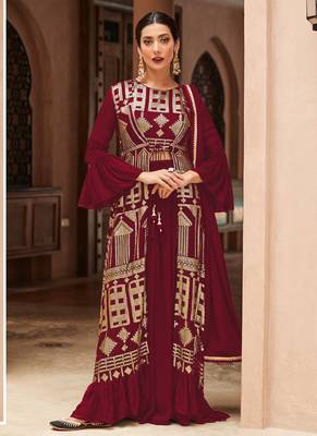 Maroon embroidered georgette palazzo suit 1
