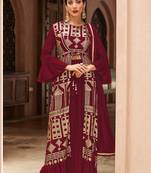 Maroon embroidered georgette palazzo suit