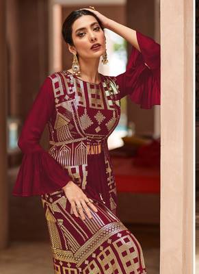 Maroon embroidered georgette palazzo suit 2