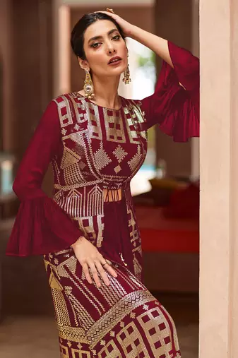 Maroon embroidered georgette palazzo suit