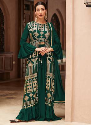 Green embroidered georgette palazzo suit 1
