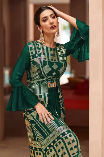 Green embroidered georgette palazzo suit