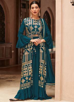 Aqua blue embroidered georgette palazzo suit 1