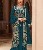 Aqua blue embroidered georgette palazzo suit