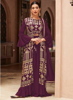 Wine embroidered georgette palazzo suit 1