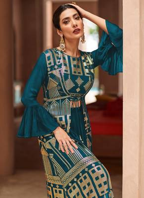Aqua blue embroidered georgette palazzo suit 2