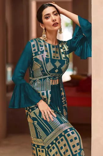 Aqua blue embroidered georgette palazzo suit