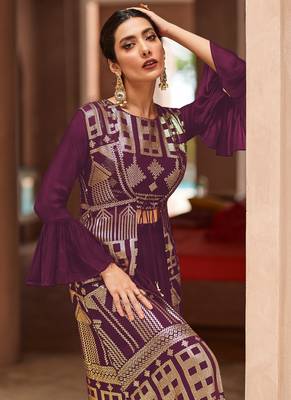 Wine embroidered georgette palazzo suit 2
