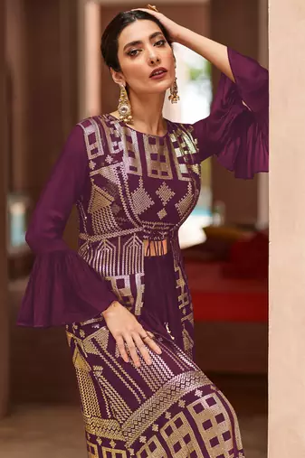 Wine embroidered georgette palazzo suit