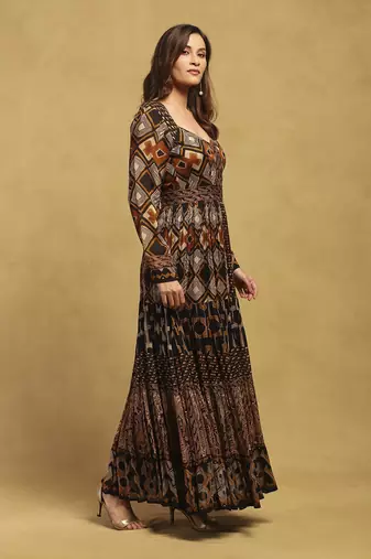 Brown meraki border maxi dress