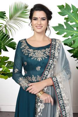 Delightful Teal Blue Faux Georgette Semi Stitched Wedding Women's Salwar Kameez Semi stitched 5
