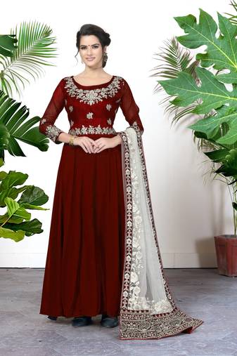 Bewitching Maroon Faux Georgette Semi Stitched Women's Semi Stitched Salwar Suits