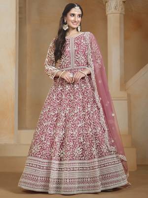 Pink net heavy thread embroidery with sequins work salwar kameez 1