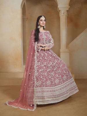 Pink net heavy thread embroidery with sequins work salwar kameez 2