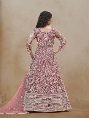 Pink net heavy thread embroidery with sequins work salwar kameez 3