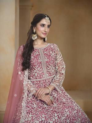 Pink net heavy thread embroidery with sequins work salwar kameez 4