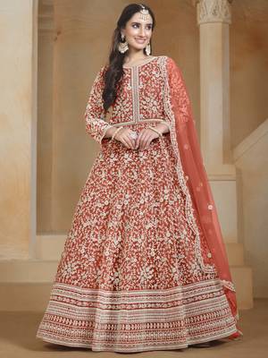 Rust net heavy thread embroidery with sequins work salwar kameez 1