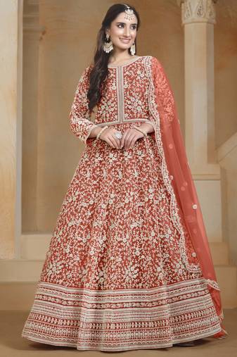 Rust net heavy thread embroidery with sequins work salwar kameez