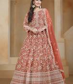 Rust net heavy thread embroidery with sequins work salwar kameez