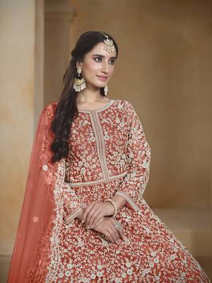 Rust net heavy thread embroidery with sequins work salwar kameez 4